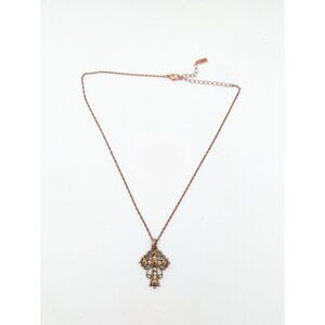 1928 Necklace Cross Pendant Bronze Tone Rhinestone Filigree style 9.5" (closed)